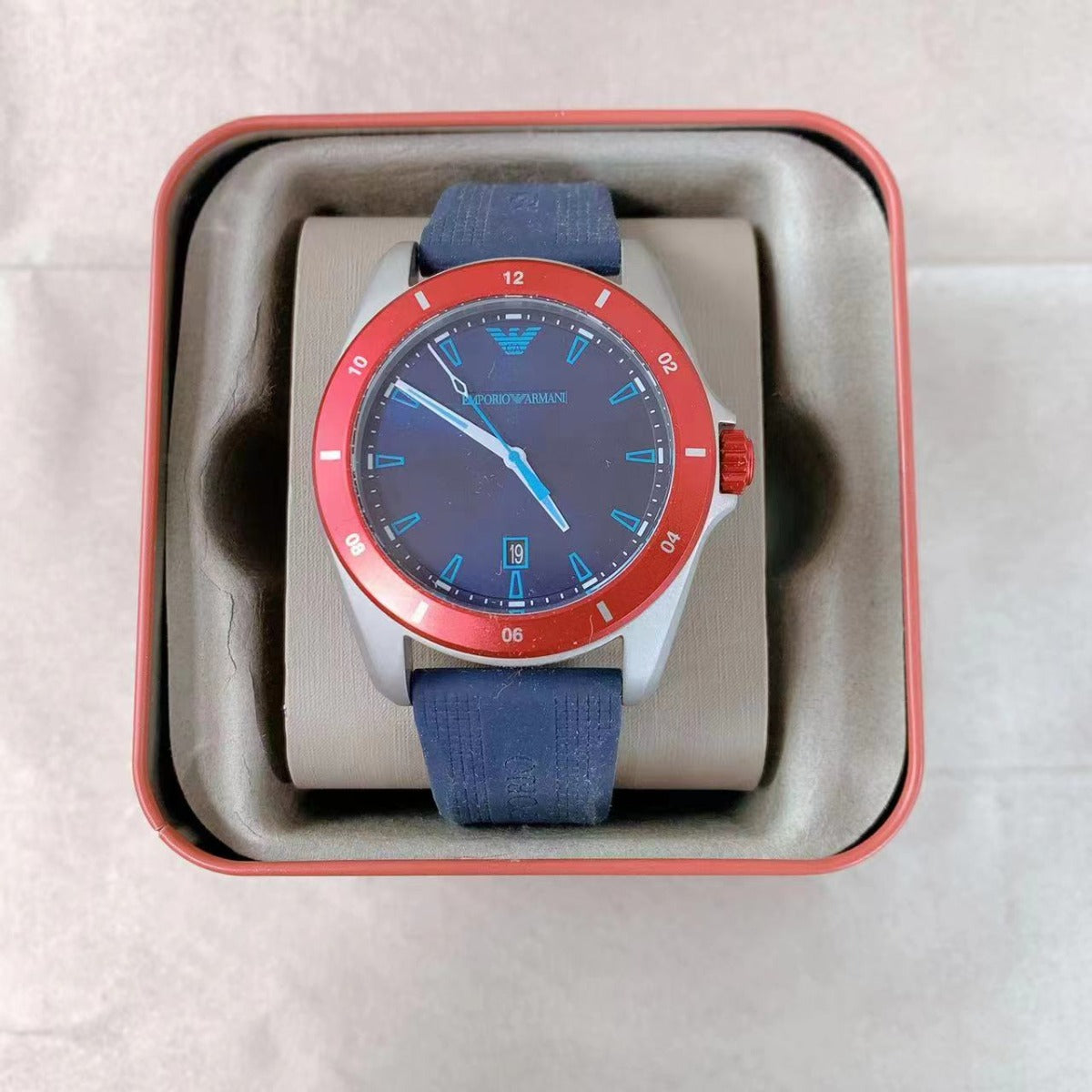 Emporio Armani AR11217 Men's Three Hand Date Blue Silicone Watch Emporio Armani AR11217 Men's Three Hand Date Blue Silicone Watch